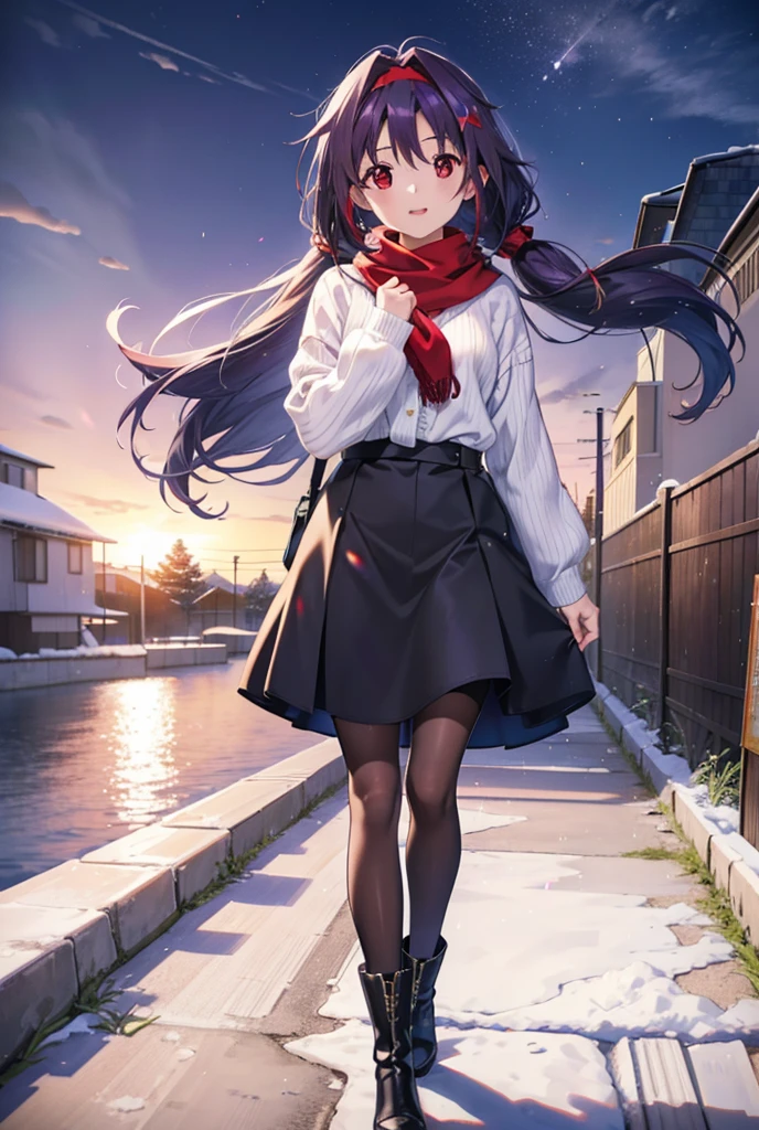 yuukikonno, Konno Yuuki, Long Hair, Pointed Ears, Purple Hair, (Red eyes:1.5), (Small breasts:1.2), Open your mouth,happy smile, smile, Open your mouth,hair band,low twin tail,Red Scarf,Oversized purple sweater,Black pantyhose,Long skirt,short boots,Holding a paper cup of coffee in both hands,Walking,snowが降っている,snowが降り積もっている,snow,snow,snow,snow,snowが積もった木,winter,Cold Sky,night,whole bodyがイラストに入るように,
break looking at viewer, whole body,
break outdoors, garden,
break (masterpiece:1.2), Highest quality, High resolution, unity 8k wallpaper, (figure:0.8), (Beautiful attention to detail:1.6), Highly detailed face, Perfect lighting, Highly detailed CG, (Perfect hands, Perfect Anatomy),