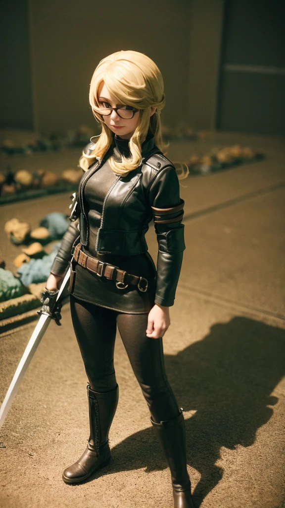 Masterpiece, Tabletop Figures, Highest quality, 4K, The face is precise(((must))), concept art, best shot, Holding a beautifully decorated long sword, A brave pose, head to toe((must)), aschgray haired early 20's Russian girl, Wearing jet black protector, cutting edge protective gear,  The background is a battlefield diorama, Ilya Kuvshinov's style