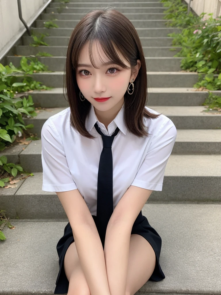 Grey Eyes, Korean , summer shirt, Ribbon tie, skirt, Light Blonde, School stairs, going down School stairs, Chest thrust pose, Breast-flaunting pose, 8K RAW Photos, High resolution, Cool Korean 16 year old, Very big round breasts, Beautiful eyes in every detail, Long eyelashes, Beautiful double eyelids, eye shadow, eyeliner, Narrow eyes, Elongated eye shape, Three white eyes, Wicked Smile, Evil look, Beautiful and slim legs, Beautiful and thin thighs, Random Medium Hair, Tie your hair behind your head, Earrings,