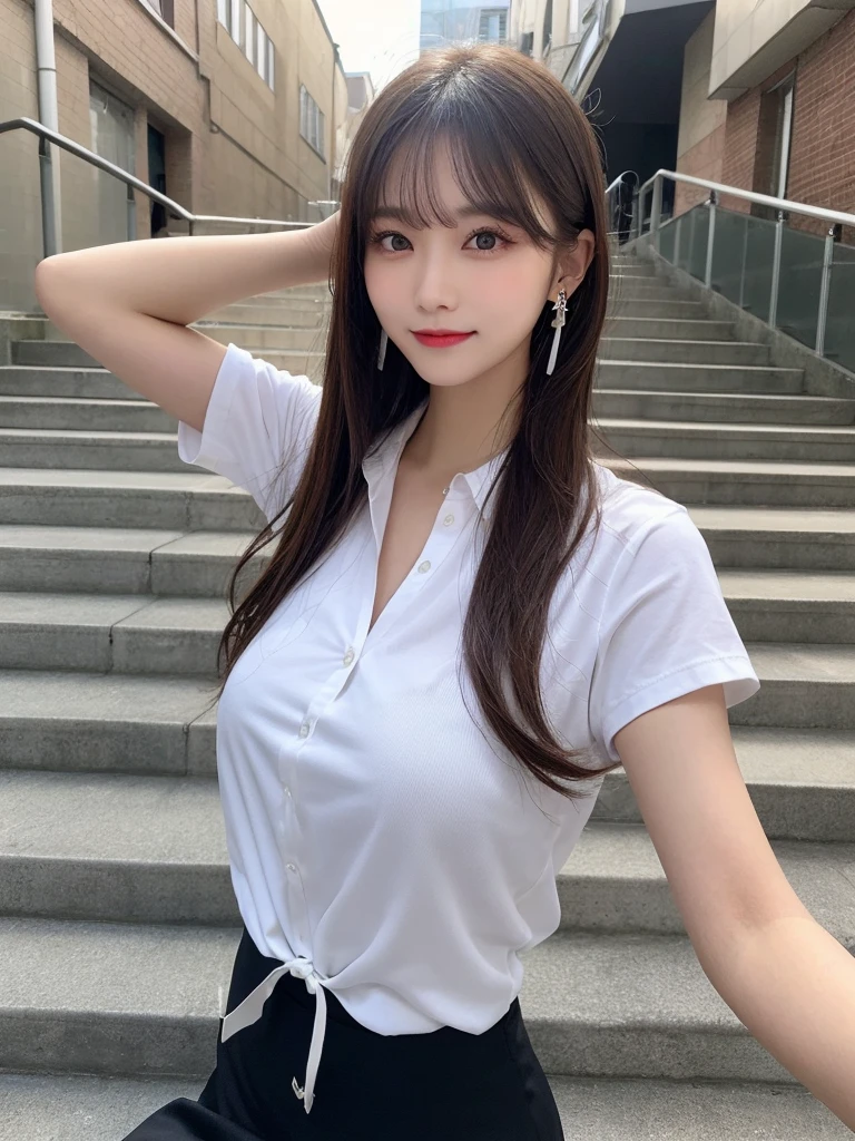 Grey Eyes, Korean , summer shirt, Ribbon tie, skirt, Light Blonde, School stairs, going down School stairs, Chest thrust pose, Breast-flaunting pose, 8K RAW Photos, High resolution, Cool Korean 16 year old, Very big round breasts, Beautiful eyes in every detail, Long eyelashes, Beautiful double eyelids, eye shadow, eyeliner, Narrow eyes, Elongated eye shape, Three white eyes, Wicked Smile, Evil look, Beautiful and slim legs, Beautiful and thin thighs, Random Medium Hair, Tie your hair behind your head, Earrings,