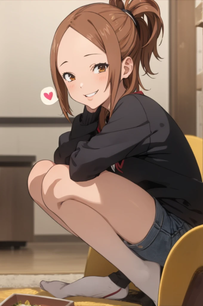 miyoshi kaya, light brown hair, high ponytail,orange eyes, parted bangs, forehead,
 1girl,solo,looking at viewer, ,evil smile,,,(spoken heart),,indoor,