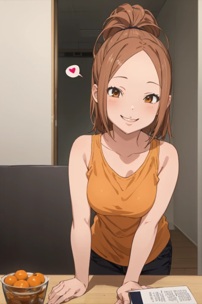 miyoshi kaya, light brown hair, high ponytail,orange eyes, parted bangs, forehead,
 1girl,solo,looking at viewer, ,evil smile,,,(spoken heart),,indoor,