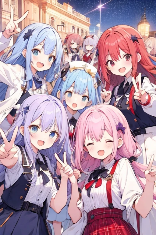 6+ girls, some colored hair, heroine casual clothes, random cute faces, heroines of the game, super happy smile, open mouth, closed eyes, group shot, zoom camera, peace sign, Happy Ending, starry sky