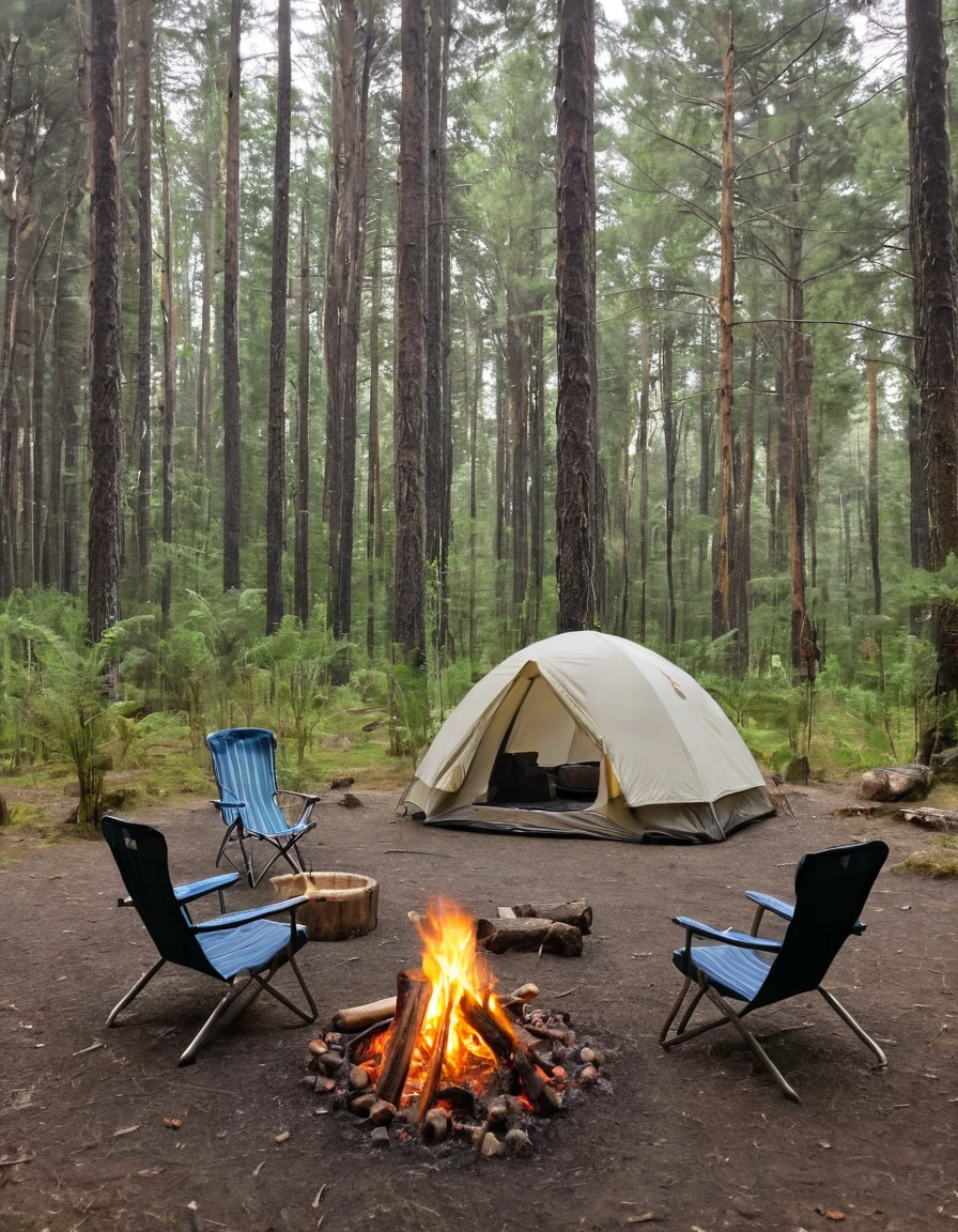 a close up of a tent and chairs in a forest, camping, at a campfire in the forest, barrel fires and tents, camp fire, peaceful environment, campfire in background, relaxing environment, campsites, setting in nature, campfire, glamping, sitting in the forrest, outdoors setting, outdoors, evening!! in the forest, in serene forest setting, outdoor campfire pit