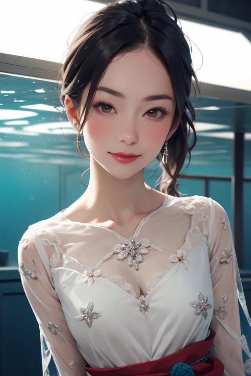 Beautiful Japanese woman in an anti-gravity environment, Highest quality, 8k resolution, Very detailed, Realistic:1.37, Mature Woman, Elegant woman, Sophisticated woman, 55-year-old married woman, [Small breasts], beautiful and soft breasts, [Focus on the whole body], [Fine Lines], Beautiful Lips, Sparkling eyes, Look straight ahead, [Red lipstick], Underwater, Ocean中, Ocean, Mermaid-like, Low Ponytail.