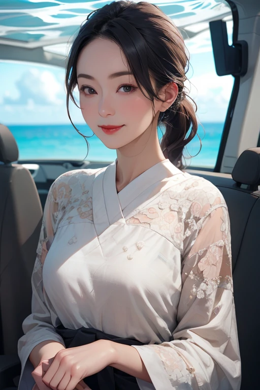 Beautiful Japanese woman in an anti-gravity environment, Highest quality, 8k resolution, Very detailed, Realistic:1.37, Mature Woman, Elegant woman, Sophisticated woman, 55-year-old married woman, [Small breasts], beautiful and soft breasts, [Focus on the whole body], [Fine Lines], Beautiful Lips, Sparkling eyes, Look straight ahead, [Red lipstick], Underwater, Ocean中, Ocean, Mermaid-like, Low Ponytail.