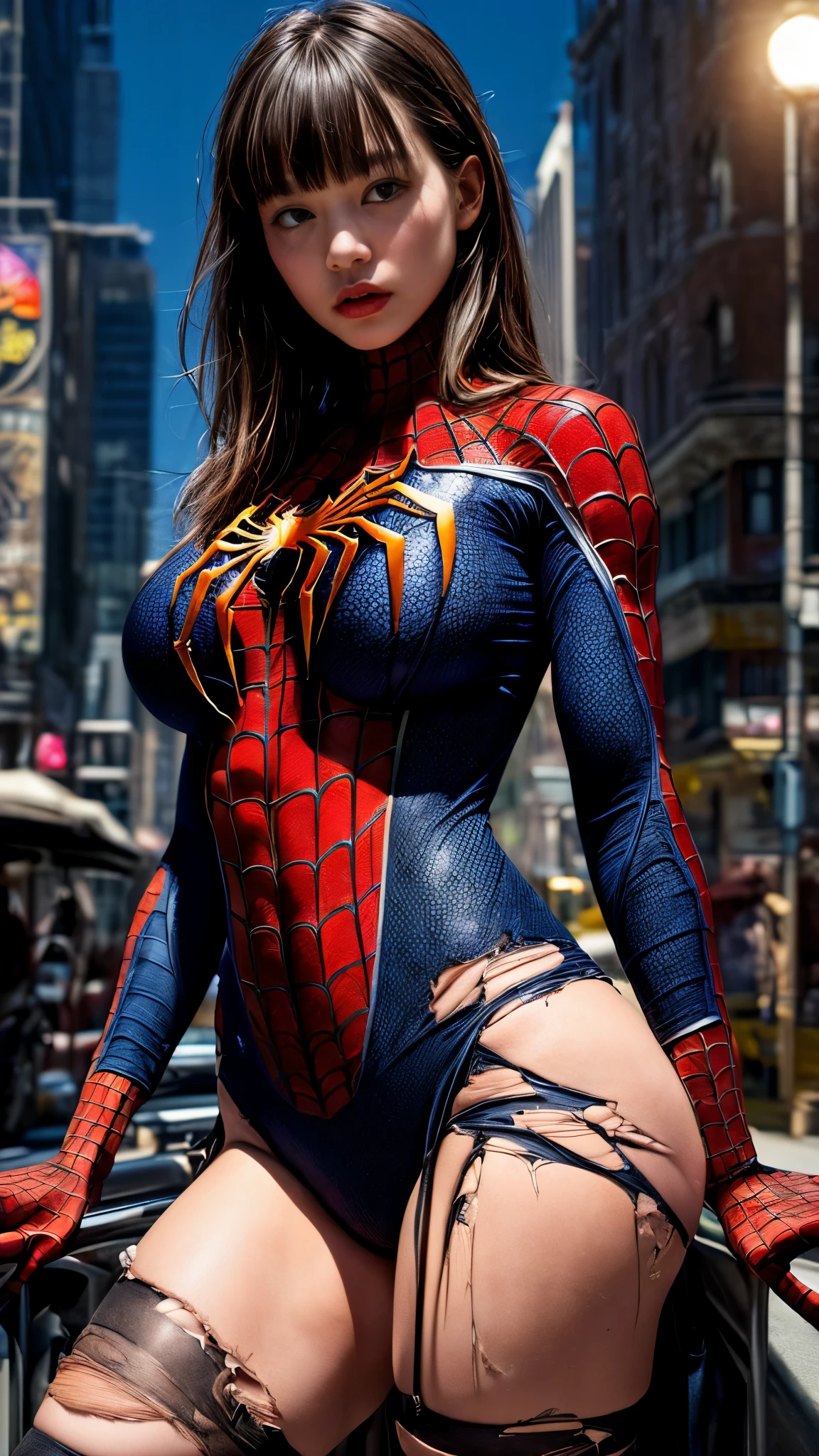 Browsing Caution:1.7、((Cowboy Shot))、Mature Woman、(masterpiece, Highest quality), Intricate details, 8k, 1 Girl,((Blunt bangs))、Black Hair,((Spiderman Suit)),Skyscraper, city, building,street,((Delicate painting))，(Detailed RAW photos of girls),(Highest quality:1.6), (Ultra-high resolution:1.5), (Realistic:1.75), 8k resolution, Canon EOS R5, 50mm, Confused, Very detailed,Cinema Lighting、(((Super big breasts)))、Spread your legs、The abdomen is visible、((another々Suit))、Spider knee-high socks、Sexy pose、spiderman bikini、(((A torn and tattered suit:1.1)))、((After the battle))