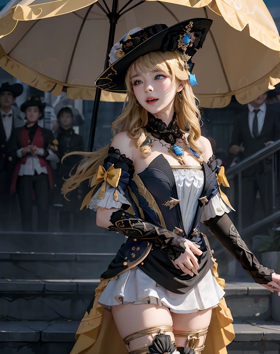 The greatest masterpiece, best quality, 8k, very high resolution, realistic인, photography, realistic , RAW photos, (realistic 사실적인 원시 사진 ), depth of field, uhd, HDR, extremely high details, mackerel,(photoshop \(middle\):1.4) , 1 woman, umbrella, blonde hair, alone, have, blue eyes, 황금 light 긴 머리, Gloves, Drill head, dress, big bust, thighs, possession, possession umbrella, Ray Tracing, light , light 추적, 자연스러운 light, realistic 사실적인 그림자, looking at viewer, bird, laugh, black Gloves, black hat, thigh Boots, outdoors, stairs, forehead, elbow Gloves, closed mouth, laugh, bare shoulders, parasol, Boots, jewelry store, flower, twin drills, cowboy shot, whole body
