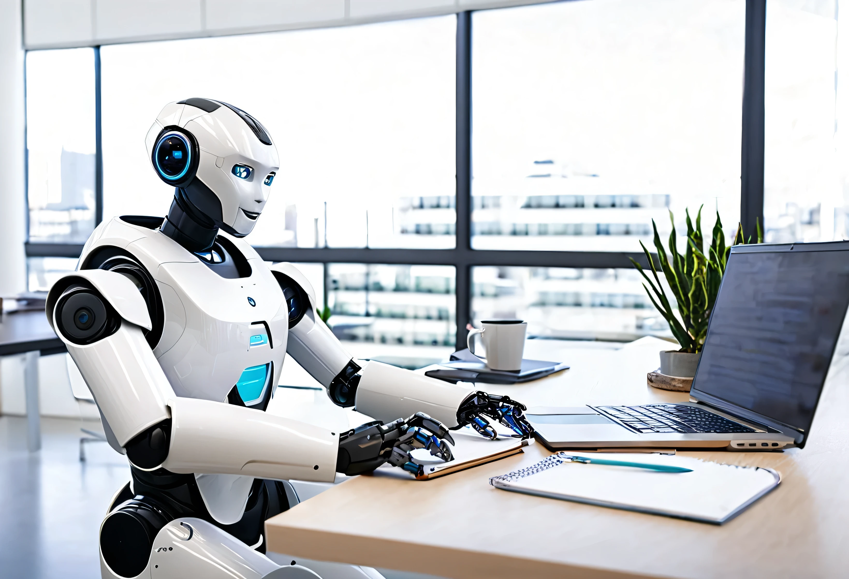 Generate a highly detailed and realistic photo of a humanoid robot working at an office desk with a laptop. The robot should have a sleek, modern design with human-like features, including articulated limbs and a friendly, expressive face. It is seated at a contemporary office desk, typing on a laptop with a sophisticated interface displayed on the screen. The desk is organized with office supplies such as a notepad, pen, coffee mug, and a few documents. The background features a modern office setting with large windows letting in natural light, ergonomic furniture, and a few potted plants. The overall atmosphere is professional and productive, highlighting the seamless integration of advanced robotics into a typical office environment. This photo should be hyper-realistic, showcasing the potential of humanoid robots in the workplace.