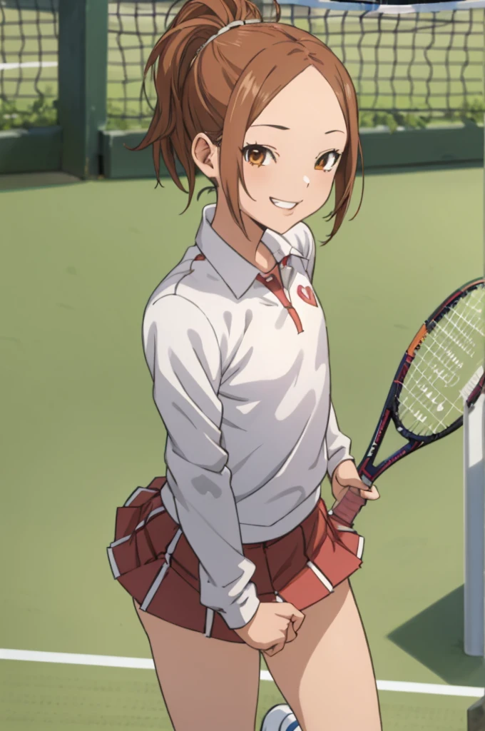 miyoshi kaya, light brown hair, high ponytail,orange eyes, parted bangs, forehead,
 1girl,solo,looking at viewer, ,evil smile,,,(spoken heart),,outdoor,flat chest,((tennis uniform)),miniskirt,panties