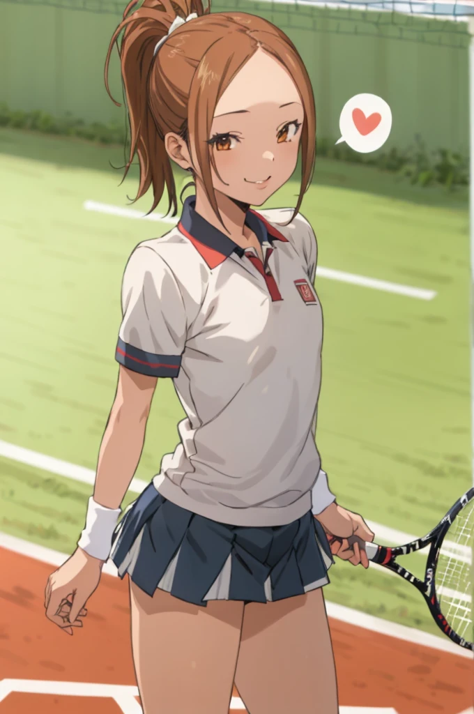 miyoshi kaya, light brown hair, high ponytail,orange eyes, parted bangs, forehead,
 1girl,solo,looking at viewer, ,evil smile,,,(spoken heart),,outdoor,flat chest,((tennis uniform)),miniskirt,panties