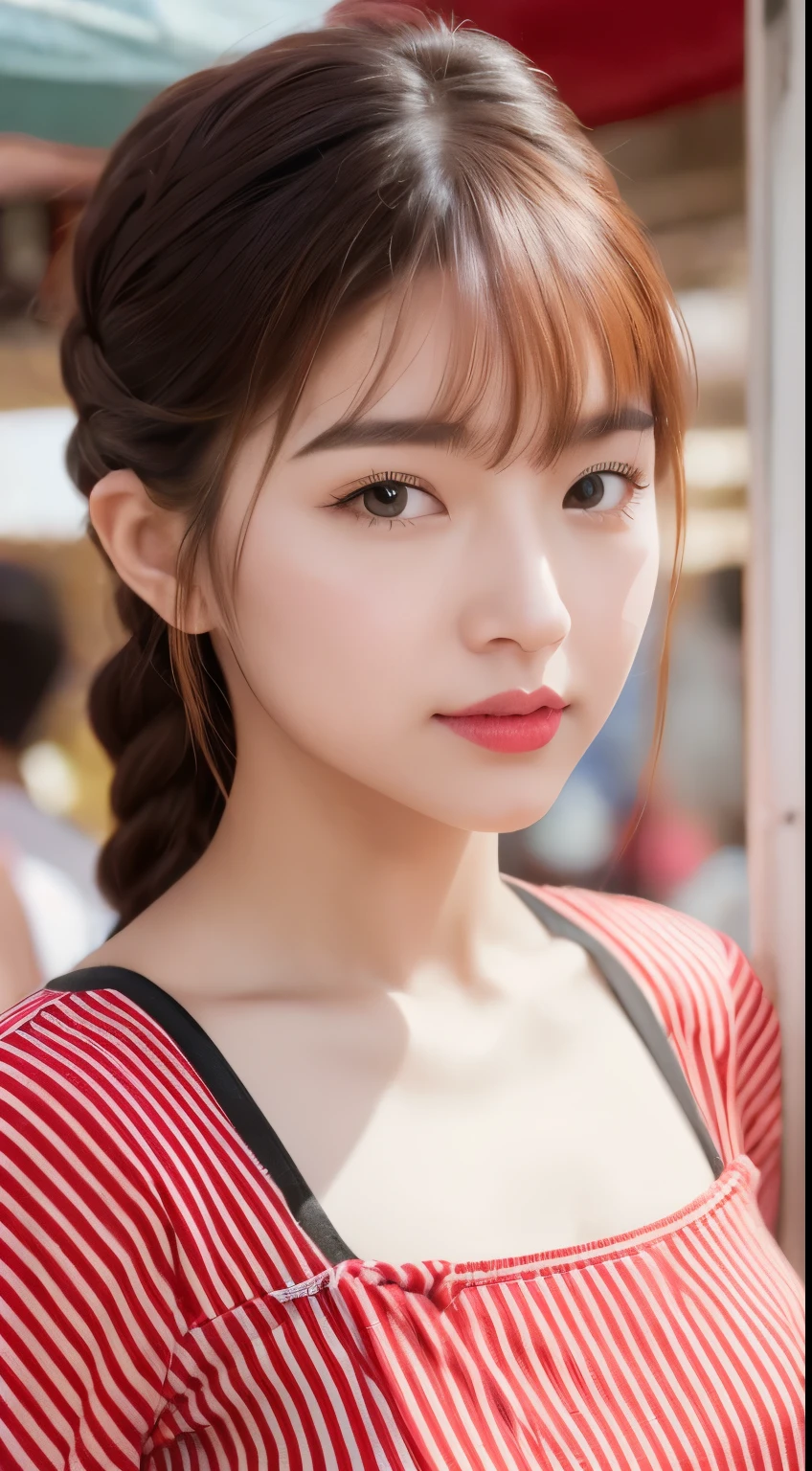 Realistic photos oF (1 Cute Korean Star) French braid, light makeup, Chest size 32 inches, wearing a red striped crop top, in a Flower market, close-up portrait, F/4.0, Hasselblad UHD