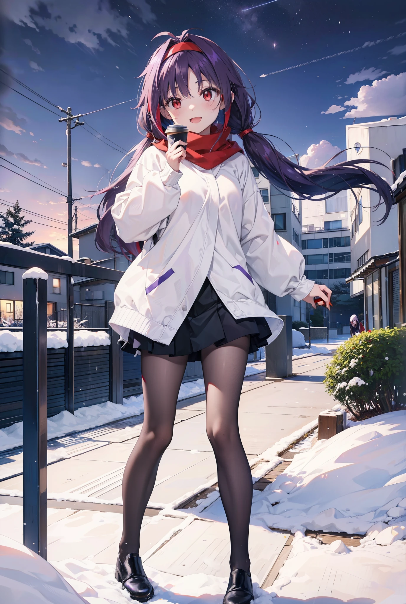 yuukikonno, Konno Yuuki, Long Hair, Pointed Ears, Purple Hair, (Red eyes:1.5), (Small breasts:1.2), Open your mouth,happy smile, smile, Open your mouth,hair band,low twin tail,Red Scarf,Oversized purple hoodie,Black pantyhose,Long skirt,short boots,Holding a paper cup of coffee in both hands,Walking,snowが降っている,snowが降り積もっている,snow,snow,snow,snow,snowが積もった木,winter,Cold Sky,night,whole bodyがイラストに入るように,
break looking at viewer, whole body,
break outdoors, garden,
break (masterpiece:1.2), Highest quality, High resolution, unity 8k wallpaper, (figure:0.8), (Beautiful attention to detail:1.6), Highly detailed face, Perfect lighting, Highly detailed CG, (Perfect hands, Perfect Anatomy),
