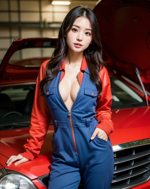 You are a professional photographer。masterpiece、８K、Highest quality, Soft Light, Ultra-high resolution, (Realistic:1.4), RAW Photos,24 years old Japanese girl, alone, cute, Cool women、(pupil, Light in your eyes),  Beautiful face in every detail, (Small box),(High resolution detail of human skin texture),Cleavage Auto Repair Shop、mechanic、Work Style、Wearing a jumpsuit、Wear long-sleeved work clothes、Car maintenance
、(Portraiture)
