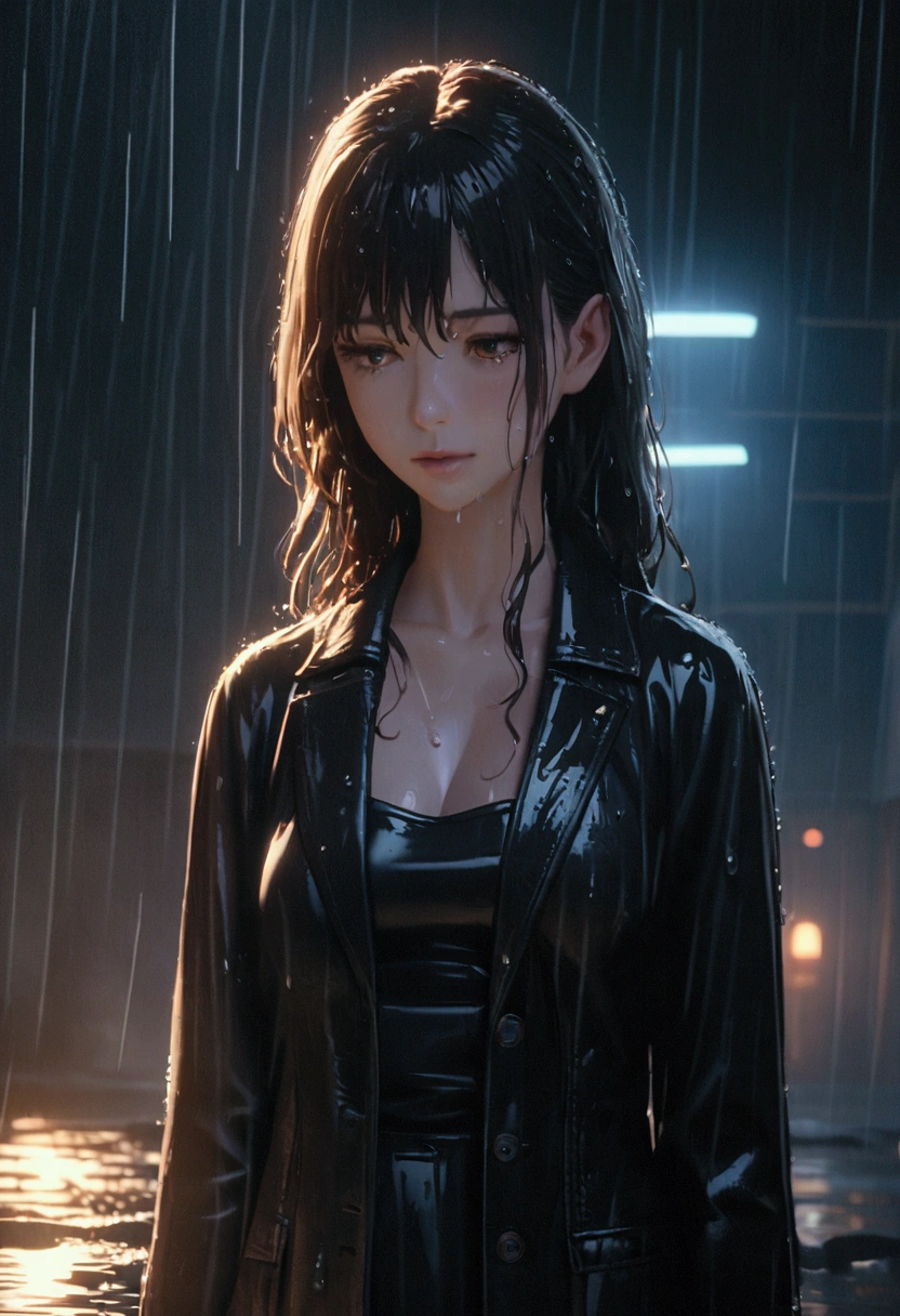 there is a woman that is standing in the rain with her head down, 8K film still image, Movie stills 8k, 8k Sensual Lighting, Wet Hair, Unreal Engine. Movie stills, rain!!!!, 4k movie still, 4k movie still, beautiful Cinema Lighting, pretty girl standing in the rain, beautiful, Cinema Lighting, Soaking wet, rain drops on face