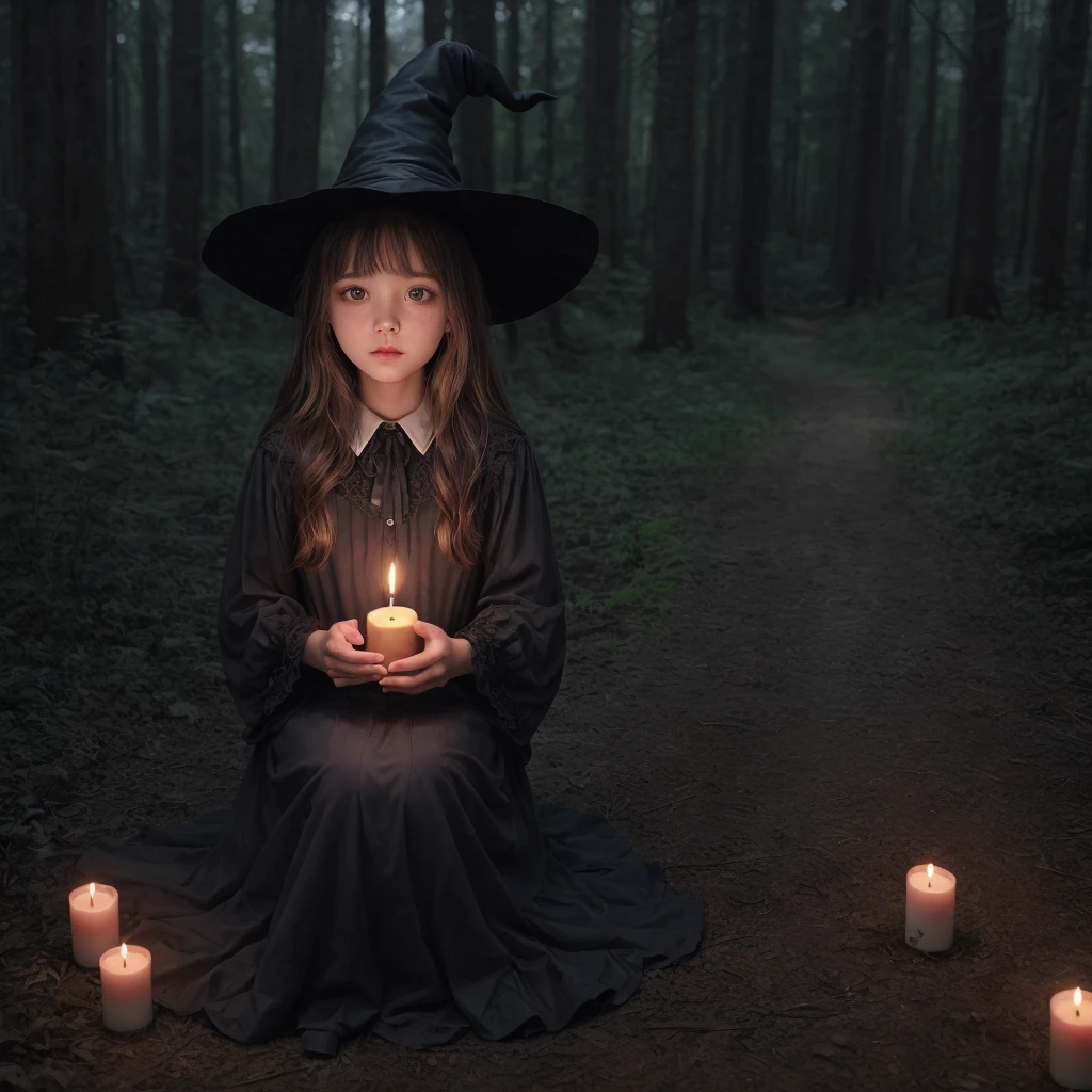 witch、Deep forest background、One girl、cute、Have a candle、 Highest quality、A magical night、dark