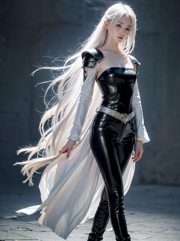 Top quality, RAW Photo, Highest Quality Image, 16K, White hair. Porcelain skin. Beautiful expressive eyes. Sweet and beautiful face. Fantasy clothing. Fantasy world. A slender girl in black leather trousers, armor, shoulder pads and comfortable beautiful clothes. Leather boots.