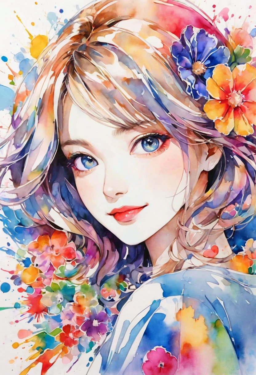 beautiful woman portrait, cute smile, Sylvia Pelissero watercolors, colorful flowers, beautiful eyes,  upper body, abstract art, intense watercolor, watercolor detailed art, watercolor splash, surreal, avant-garde pop art, Beautiful and expressive paintings, Beautiful artwork illustration, very colorful tones, wonderful, cool beauty, highest quality, official art, women only, sharp outline, best shot, vector art, lips in love、 (((The strongest beautiful women of all time))), (((Japanese)))、clear, (((highest quality))), lips in love, HDR, ((Detailed details)), stylish fashion, detailed clothing texture, (((graffiti art))), colorful hair, ((masterpiece))、((Super detailed))