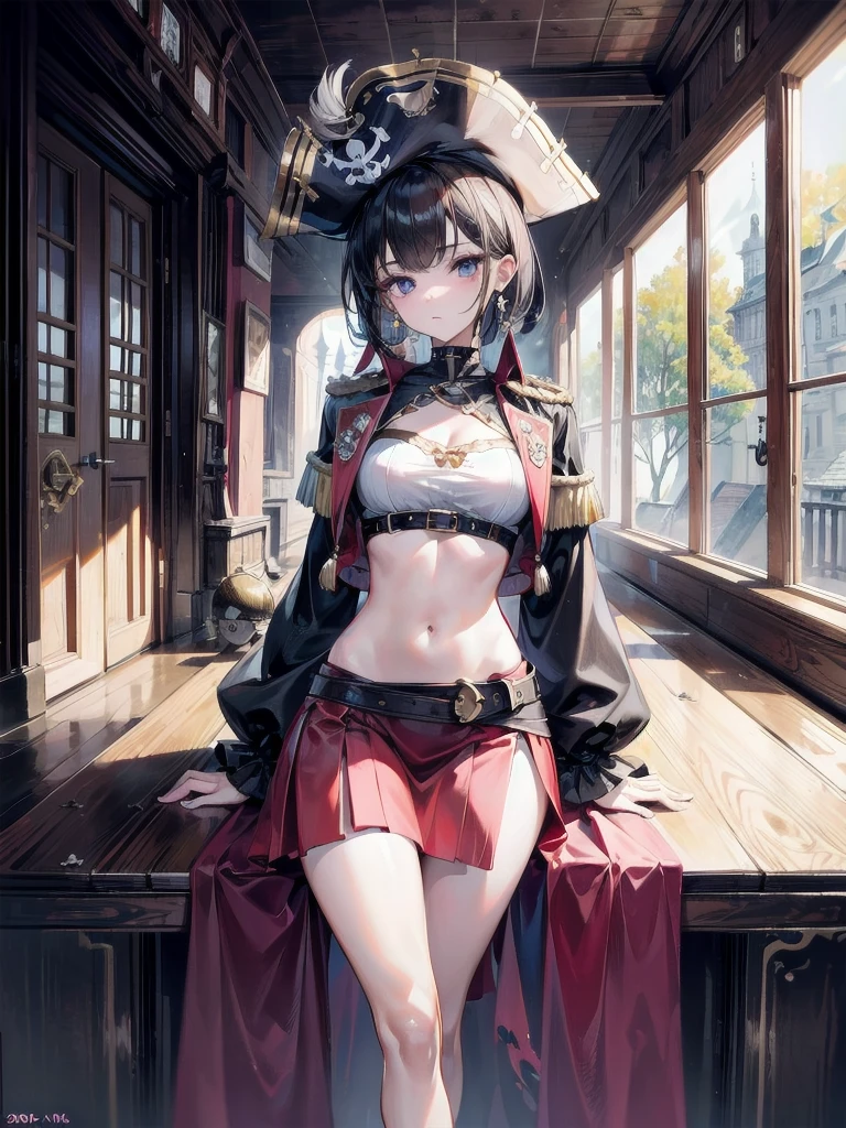 absurdres, RAW photo, extremely delicate and beautiful, masterpiece, Best Quality, ultra high resolution, 32k, hyperrealistic, ultra-detailed, delicate facial features, beautiful detailed woman, tearful mole, earring, medium breasts, full body shot, medium hair, black hair, (Practical pirate clothing), Long-sleeved pirate top, Skirt, torn pirate hat,