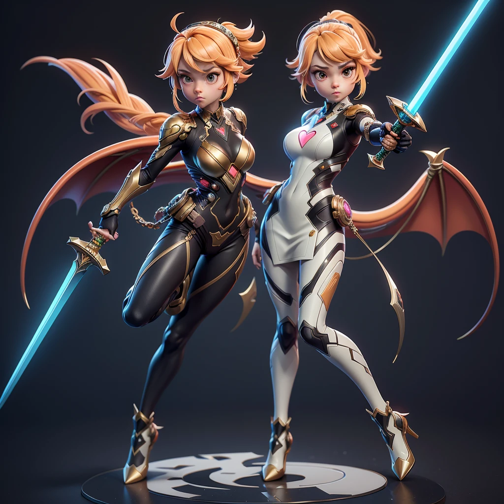 mini dragon, Alone, Ray Tracing, Estilo 3D, 3dmm, (3 poses per photo), full body, (bodysuit branco),(dark dress), over all view,((3 poses per photo)), over all view, Hearts of the Kingdom style clothes,((3 poses in each photo)), over all view, metroid, ((with futuristic sword)),ultra-realistic skin, (big tits)