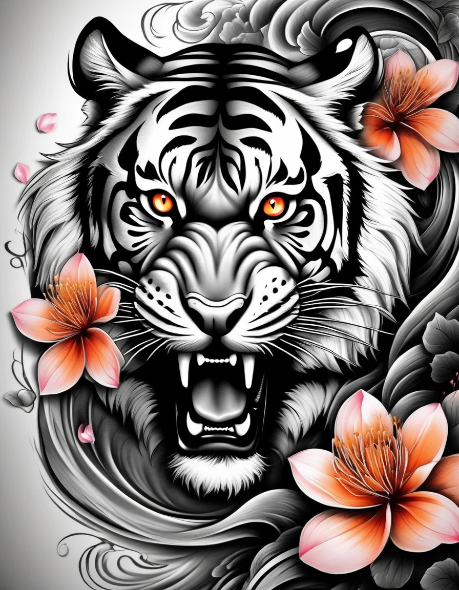 Black and gray realistic tattoo art of tiger with (((orange eyes))) with pink sakura petal effect ,he is with open mouth looking very fierce and angry, the background is Japanese wave tattoo, (Unity 16K Wallpaper, masterpiece, Best Quality, high quality, Ultra-detailed, extremely details), a tattoo design,