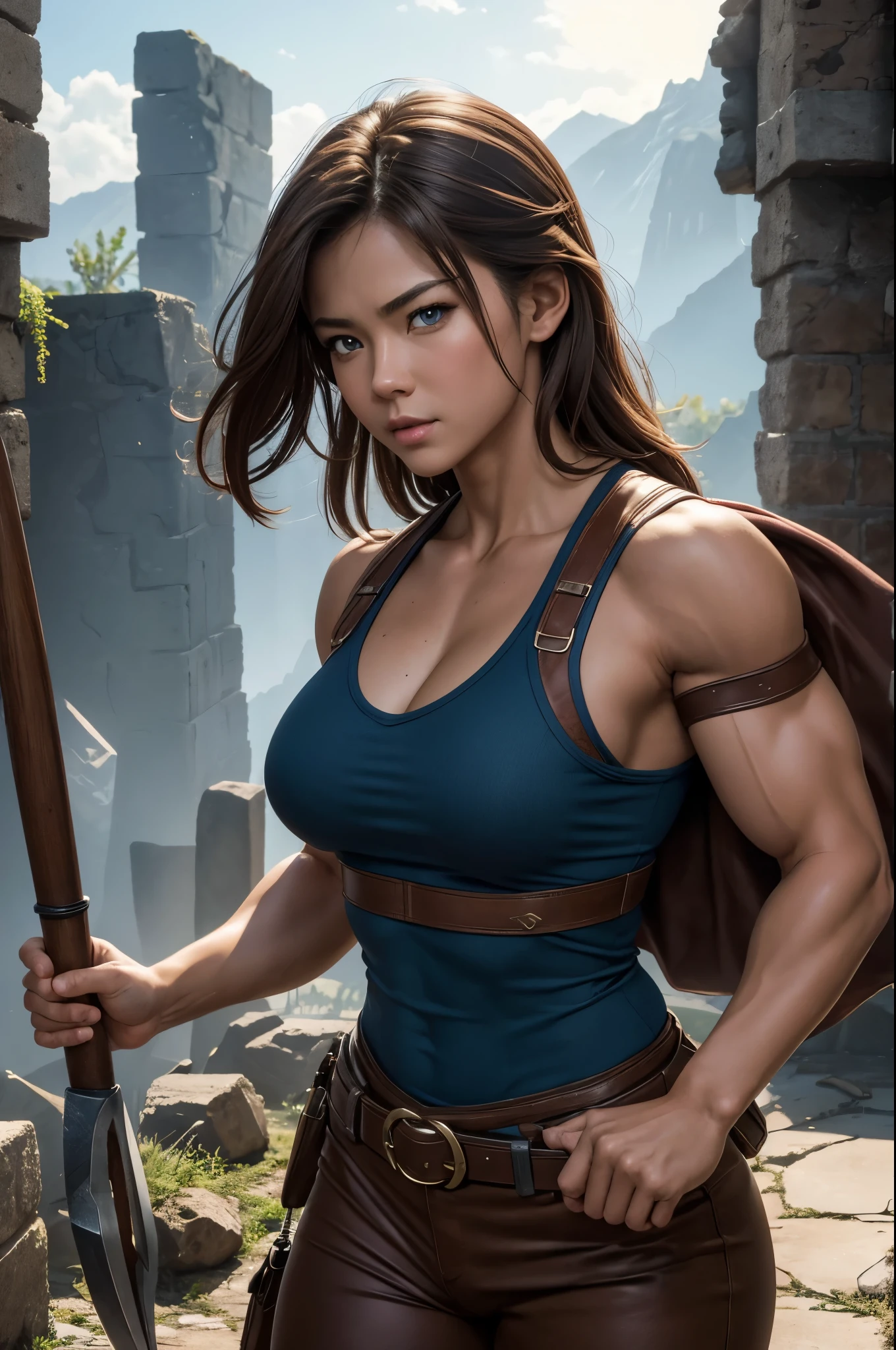 Realistic, 8k,ファンタジーのアラフェッドは茶色の胸鎧を着たGerman Womanの写真のPauseをとる,Super muscular body,　Women with fearless features(Lifelike face),　Super muscular and macho woman,　Brown-haired Helly Shorthair,　Super muscular macho man in brown pants and protectors,masterpiece、8k resolution、Fantasy art、Ultra-high resolution,,Mr..々Pause,charm,sexy,Rich colors, Backlight, Cinema Lighting, Film Grain, to be born, 50mm lens, Nikon D850,German Woman,Blue Eyes,Strong and thick muscles,ダイナミックなファイティングPause,Dynamic Angles,Uplifting,Like a female bodybuilder,Carry a large battle axe on your shoulder,In front of the ruins,