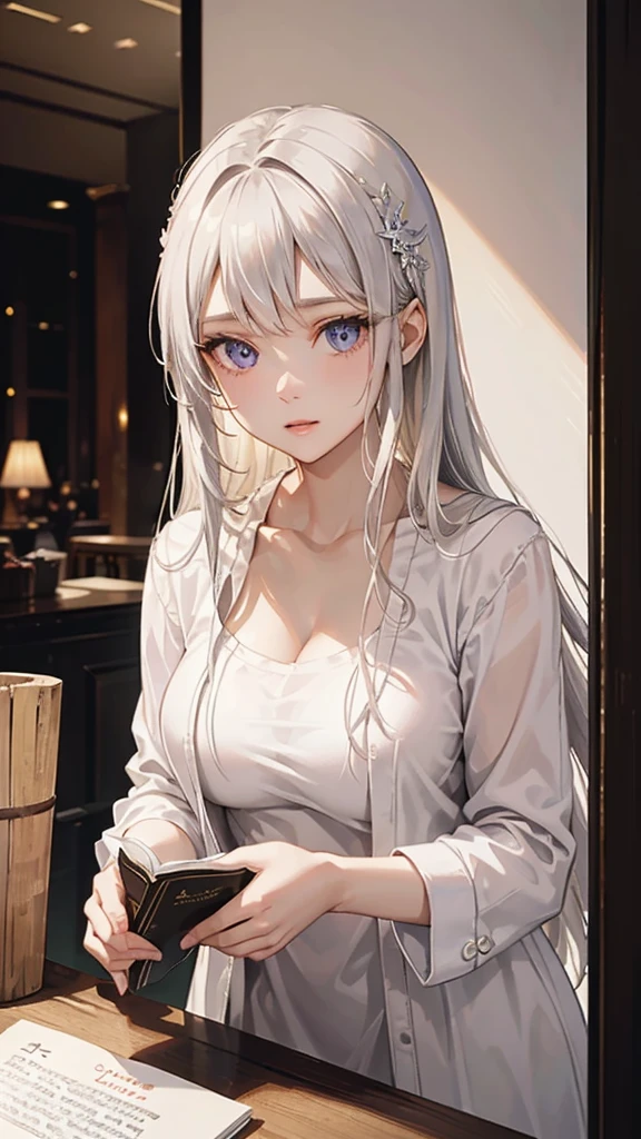 A beautiful girl with white hair and violet eyes standing in a bookstore magazine section, holding a magazine and flipping through the pages with great interest, her lovely figure illuminated by the soft lighting of the store as nearby customers glance at her, (best quality,4k,8k,highres,masterpiece:1.2),ultra-detailed,(realistic,photorealistic,photo-realistic:1.37),1girl,beautiful detailed eyes,beautiful detailed lips,extremely detailed eyes and face,longeyelashes,beautiful young woman,intrigued expression,casual clothing,bookstore interior,natural lighting,warm color tones,atmospheric,detailed textures,intricate details