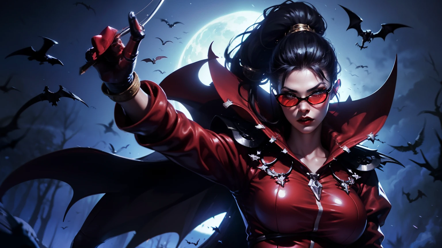 ((best quality)), ((masterpiece)), (detailed), 1girl, perfect face, vayne, woman wearing black latex catsuit, with red cap, sunglasses with red glas, black hair with long ponytail, gloves, red knee high red leather boots without heels, standing having a crossbow on her back, dark nightly background, ravens and bats flying