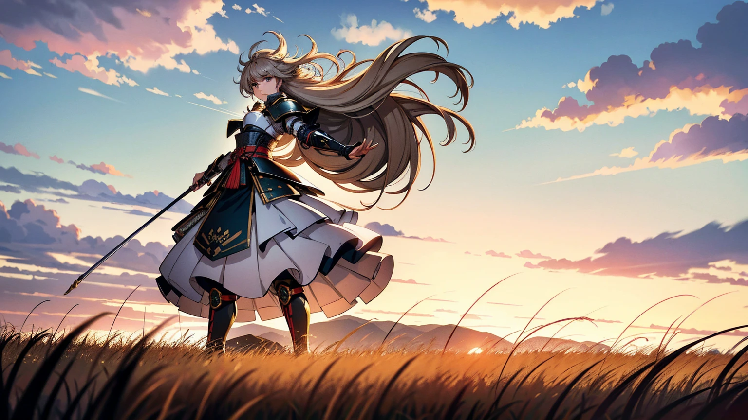 A female samurai in armor, traveling through a field of pampas grass. She has a determined expression, with her hair blowing in the wind. Her armor is detailed and traditional, showing signs of wear from travel. She walks along a path surrounded by tall, swaying pampas grass, creating a sense of movement and the whisper of the wind. The sky above is dynamic, with clouds moving swiftly, indicating strong winds. The scene captures a sense of adventure, resilience, and the beauty of nature.