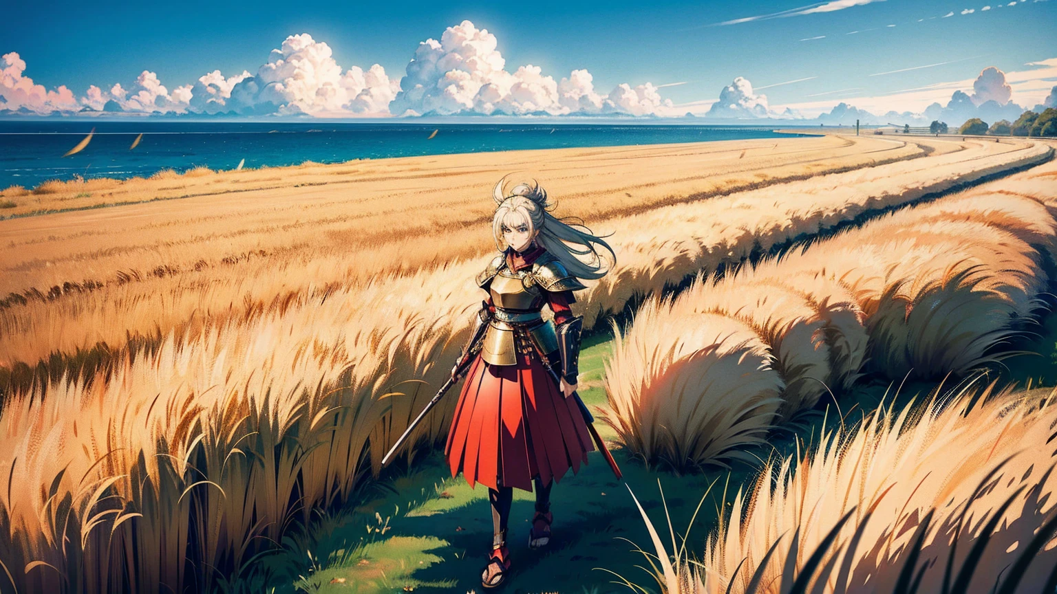 A female samurai in armor, traveling through a field of pampas grass. She has a determined expression, with her hair blowing in the wind. Her armor is detailed and traditional, showing signs of wear from travel. She walks along a path surrounded by tall, swaying pampas grass, creating a sense of movement and the whisper of the wind. The sky above is dynamic, with clouds moving swiftly, indicating strong winds. The scene captures a sense of adventure, resilience, and the beauty of nature.