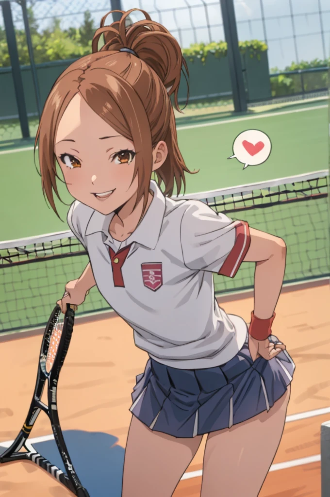 miyoshi kaya, light brown hair, high ponytail,orange eyes, parted bangs, forehead,
 1girl,solo,looking at viewer, ,evil smile,,,(spoken heart),,outdoor,flat chest,((tennis uniform)),miniskirt,panties,ass,from back