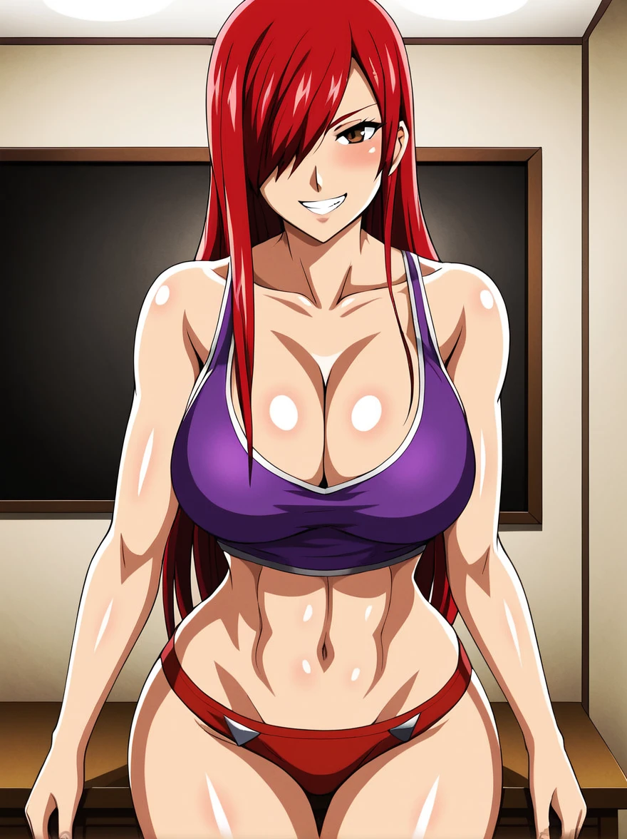 Erza, red hair, navel, crop top, , tank top, collarbone, 1girl, bare shoulders, midriff,cleavage, hair over one eye, large breasts, underwear, long hair,animerza, looking at viewer, grin, brown eyes ,masterpiece, best quality, room, big breasts, cleavage, seductive smile,blush,
