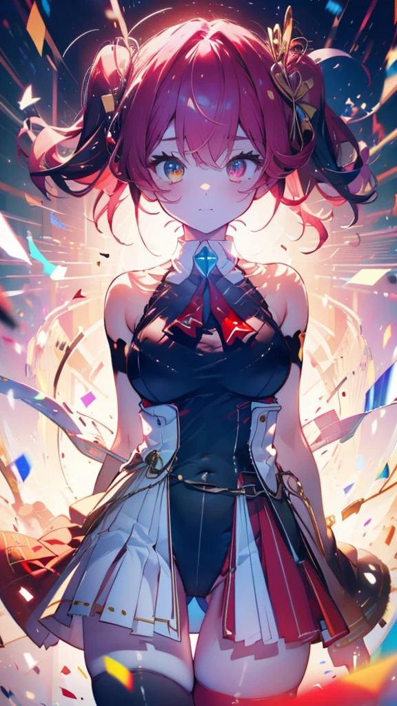 (Ultra-high resolution,masterpiece, Attention to detail, Highest quality), 8k,(bbmarine, twintails, heterochromia, red ascot, bare shoulders, red shirt, bare arms, sleeveless, see-through, leotard under clothes, covered navel, belt, pleated skirt, red skirt, black thighhighs),(Blessed,Captivating body、Ultra-detailed skin、Super beautiful eyes、Detailed Background),One girl、 (enjoy :1.5),