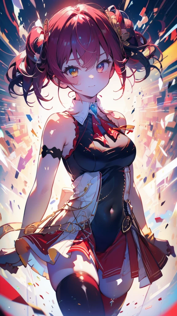 (Ultra-high resolution,masterpiece, Attention to detail, Highest quality), 8k,(bbmarine, twintails, heterochromia, red ascot, bare shoulders, red shirt, bare arms, sleeveless, see-through, (leotard under clothes:1.2), covered navel, belt, pleated skirt, red skirt, black thighhighs),(Blessed,Captivating body、Ultra-detailed skin、Super beautiful eyes、Detailed Background),One girl、 (enjoy :1.5),