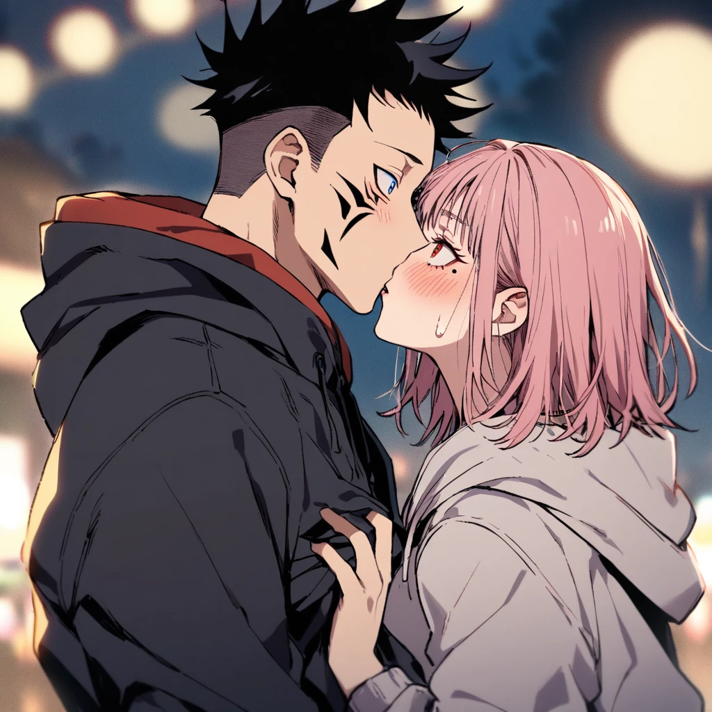 (1girl,long White hair, blue eyes), (1boy, pink_hair, blush, undercut, hetero, red_eyes, tattoo), long_hair, itadori_yuuji, spiked_hair, hood, short_hair, ryoumen_sukuna_(jujutsu_kaisen), night, facial_tattoo, hoodie, upper_body, jacket, extra_eyes, hood_down, black_jacket, imminent_kiss, kiss, looking_at_another, facial_mark, freckles, sweatdrop, bangs, black_hair, multicolored_hair, blue_eyes, clothes_grab, surprised