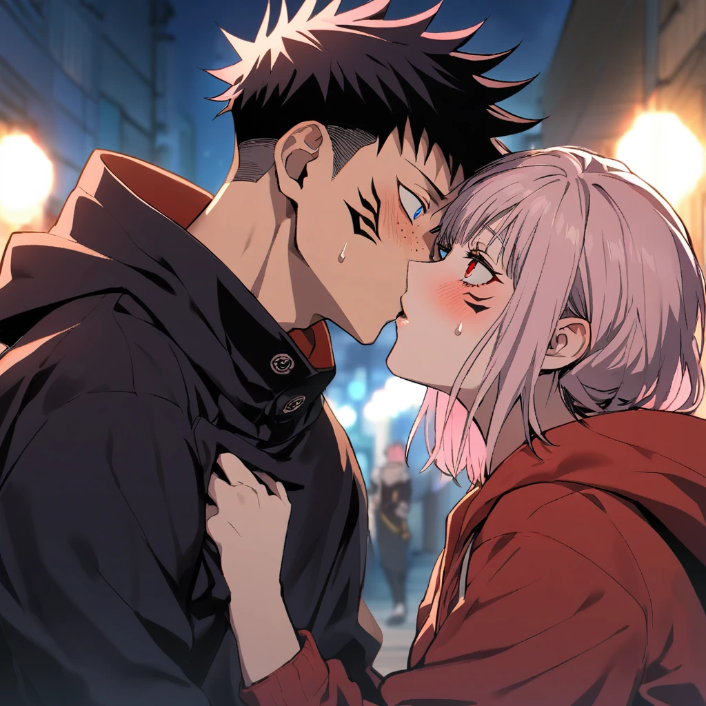 (1girl,long White hair, blue eyes), (1boy, pink_hair, blush, undercut, hetero, red_eyes, tattoo), long_hair, itadori_yuuji, spiked_hair, hood, short_hair, ryoumen_sukuna_(jujutsu_kaisen), night, facial_tattoo, hoodie, upper_body, jacket, extra_eyes, hood_down, black_jacket, imminent_kiss, kiss, looking_at_another, facial_mark, freckles, sweatdrop, bangs, black_hair, multicolored_hair, blue_eyes, clothes_grab, surprised
