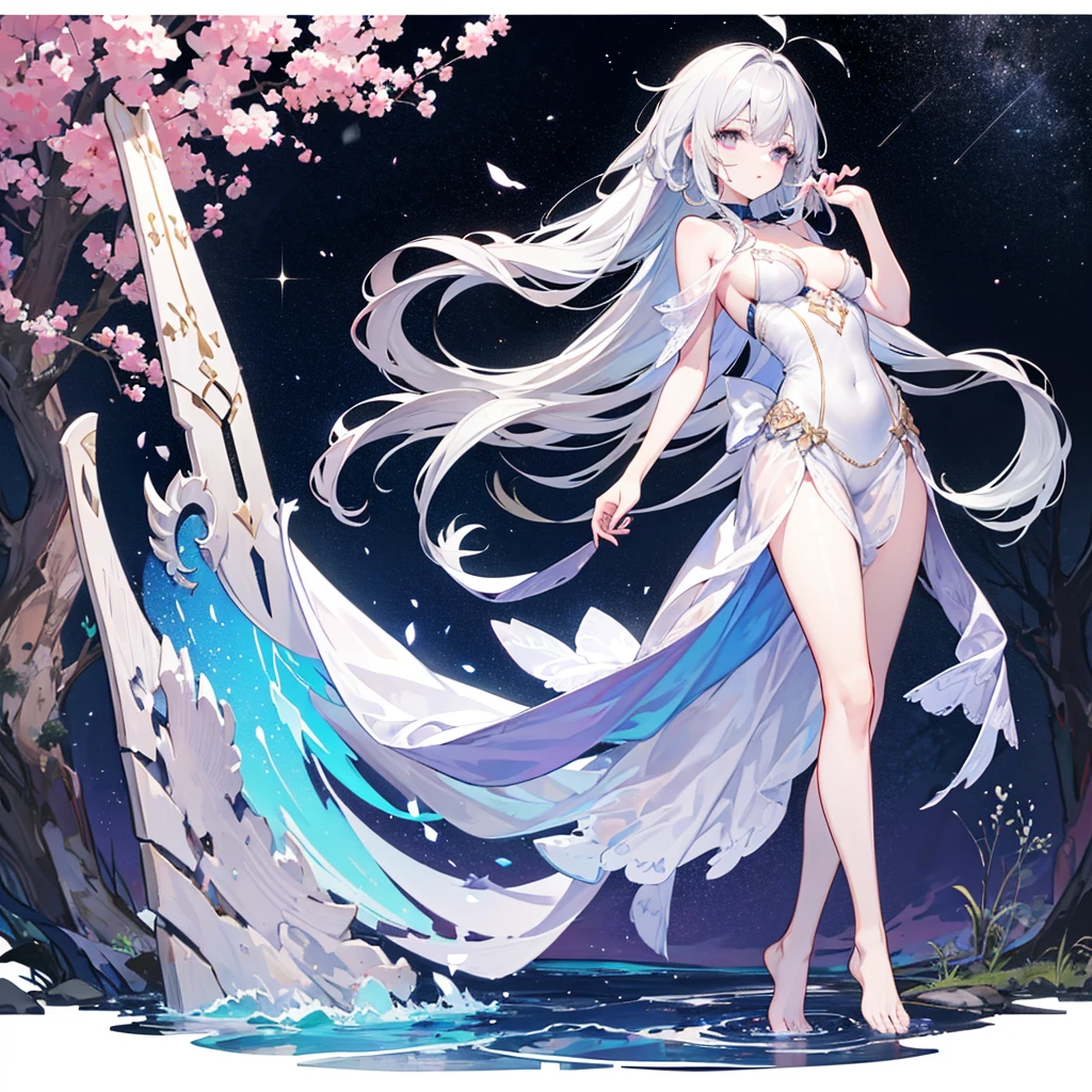 ((masterpiece, best quality)), Epic battlefield atmosphere,Delicate face,goddess,sunshine,whole body,Standing picture,glowing eyes,Perfect body proportions,Pure white background,Water Ripples,Lace,flower,Fallen Leaves,Sex bikini,Pantyhose