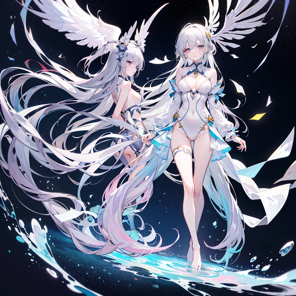 Masterpiece, best quality, super meticulous, 1girl, beautiful and meticulous eyes, beautiful and delicate glow, delicate ice, beautiful delicate water, ultra-thin translucent milky patch, naked, legs apart, look from below,