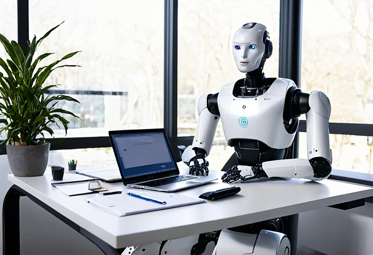 Generate a highly detailed and realistic photo of a humanoid robot working at an office desk with a laptop. The robot should have a sleek, modern design with human-like features, including articulated limbs and a friendly, expressive face. It is seated at a contemporary office desk, typing on a laptop with a sophisticated interface displayed on the screen. The desk is organized with office supplies such as a notepad, pen, coffee mug, and a few documents. The background features a modern office setting with large windows letting in natural light, ergonomic furniture, and a few potted plants. The overall atmosphere is professional and productive, highlighting the seamless integration of advanced robotics into a typical office environment. This photo should be hyper-realistic, showcasing the potential of humanoid robots in the workplace.