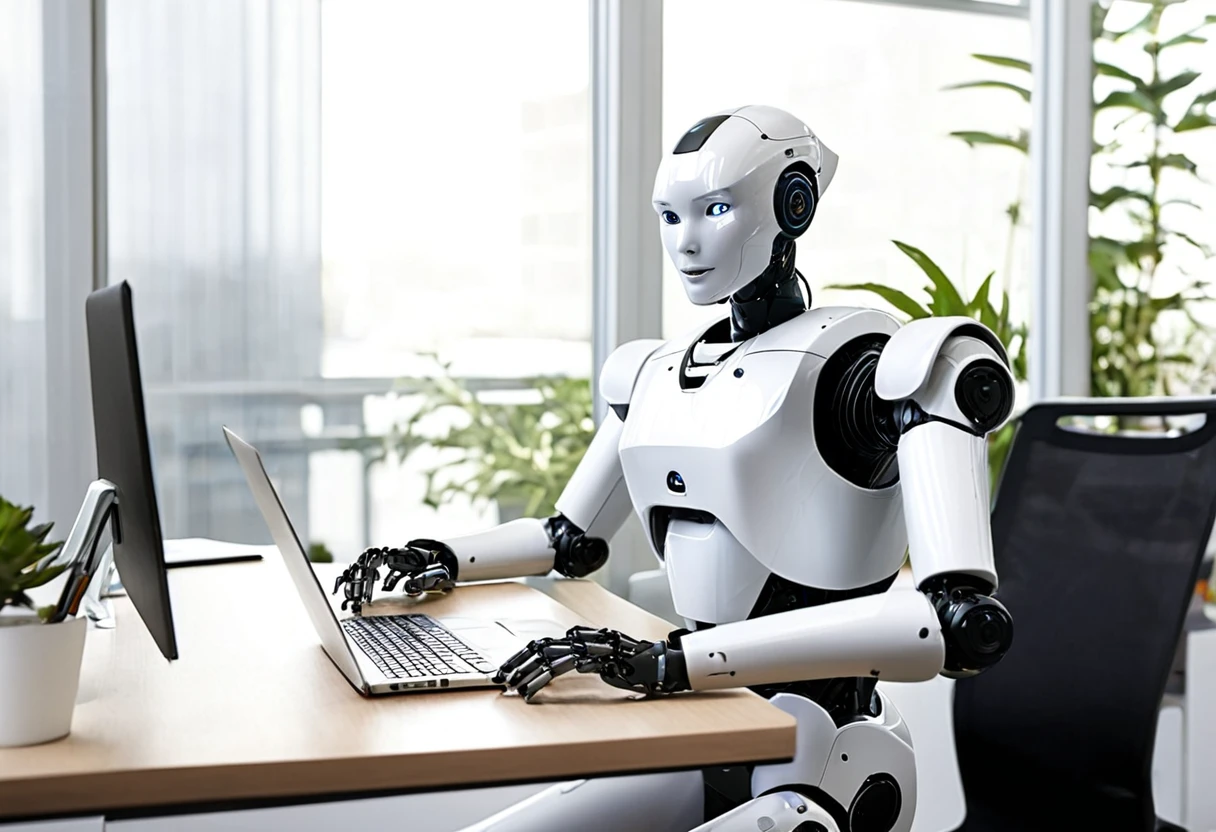 Generate a highly detailed and realistic photo of a humanoid robot working at an office desk with a laptop. The robot should have a sleek, modern design with human-like features, including articulated limbs and a friendly, expressive face. It is seated at a contemporary office desk, typing on a laptop with a sophisticated interface displayed on the screen. The desk is organized with office supplies such as a notepad, pen, coffee mug, and a few documents. The background features a modern office setting with large windows letting in natural light, ergonomic furniture, and a few potted plants. The overall atmosphere is professional and productive, highlighting the seamless integration of advanced robotics into a typical office environment. This photo should be hyper-realistic, showcasing the potential of humanoid robots in the workplace.