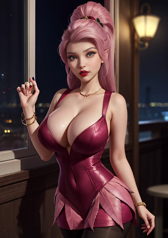 Vidia, modern disney,  bracelet，ring, university student，Pink Hair，Huge breasts，Cleavage，Low-cut，miniskirt，pantyhose，cute，necklace，earrings，shy，Red lips，夜Dress，Dress，Prom Dress Up，Dress Up