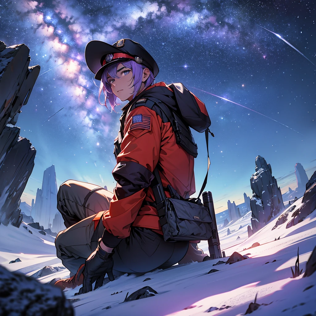 A soldier with a gun, on top of a mountain, looking at the horizon of purple galaxies