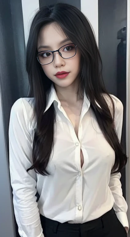 (best quality, masterpiece:1.2), white background, realistic, crew neck, closed-neckline, pants, (business jacket:1.2), (brown hair:1.2), big eyes, beautiful woman, smile, eyelashes, highly detailed face, fierce look, angry look, (long sleeved shirt: 1.2), looks like a naughty celebrity but is a good girl, virgin girl, inexperienced virgin girl, intimidating look, full body, (shirt is fully buttoned up: 1.2), intimidating eyebrows