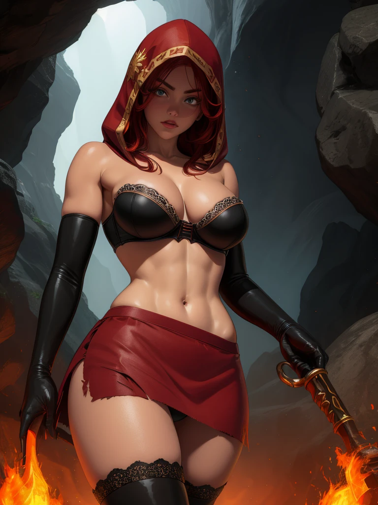 Dsorceress, redhair, shadowy face,dark cave, fire, hood, shadowed face, strapless bra, slim and athletic body, miniskirt, no panty, elbow gloves, dark skin, 1 girl (insanely detailed, masterpiece, best quality)
