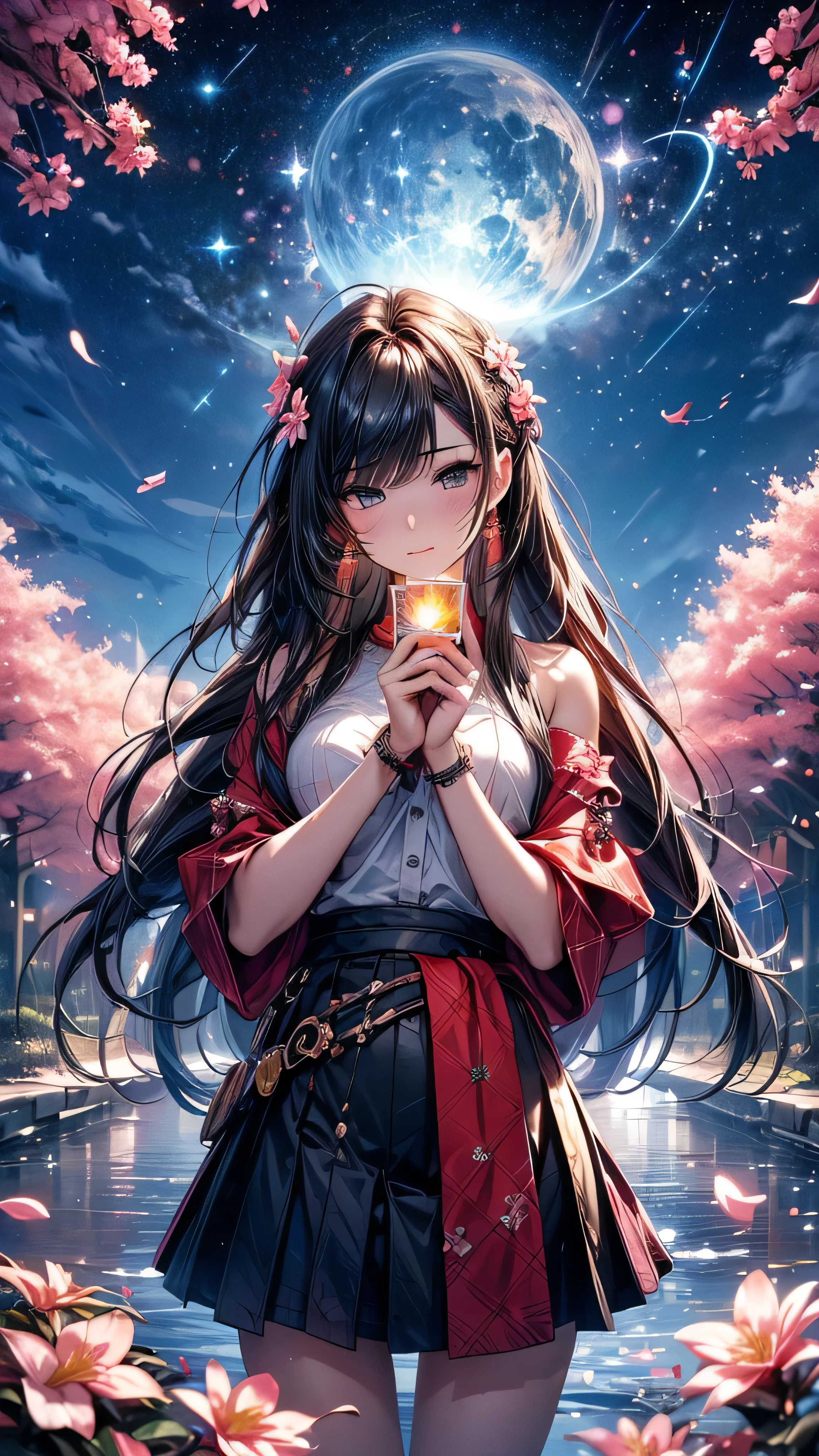 ((Highest quality, 8k, masterpiece: 1.3)), 1 girl, Slim Beauty: 1.3, (Long Hair: 1.2), Floral Skirt, Long legs: 1.1, Super delicate face, Beautiful Eyes, double eyelid, Outdoor, Octane Rendering,masterpiece, Concept Art, Panorama, in the center, shape, Wide Shot, garden, night, (meteor), Space galaxy background, (Great composition, Epic scale), Dynamic Lighting, Bright colors, cherry blossoms,