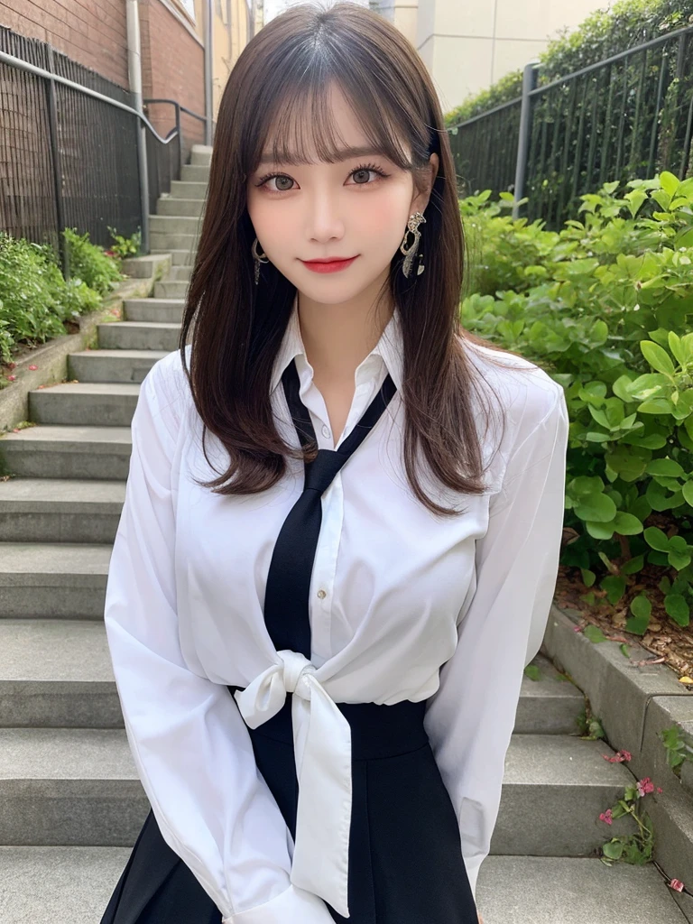 Grey Eyes, Korean , summer shirt, Ribbon tie, skirt, Light Blonde, School stairs, going down School stairs, Chest thrust pose, Breast-flaunting pose, 8K RAW Photos, High resolution, Cool Korean 16 year old, Very big round breasts, Beautiful eyes in every detail, Long eyelashes, Beautiful double eyelids, eye shadow, eyeliner, Narrow eyes, Elongated eye shape, Three white eyes, Wicked Smile, Evil look, Beautiful and slim legs, Beautiful and thin thighs, Random Medium Hair, Tie your hair behind your head, Earrings,