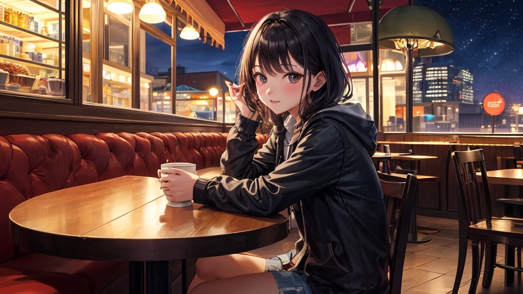 (Original photo, Highest quality), 1 girl,  Lisa, night,Cafe, relax,
Satosh Khan&#39;Art Style、Five fingers