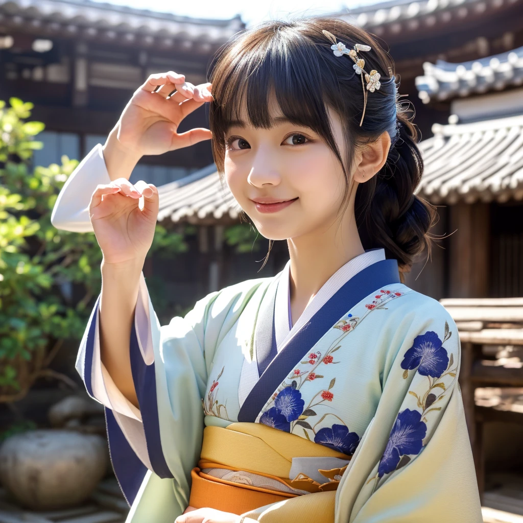 11 year old girl Japanese Light blue yukata Realistic Skin Ponytail Medically accurate beautiful five fingers