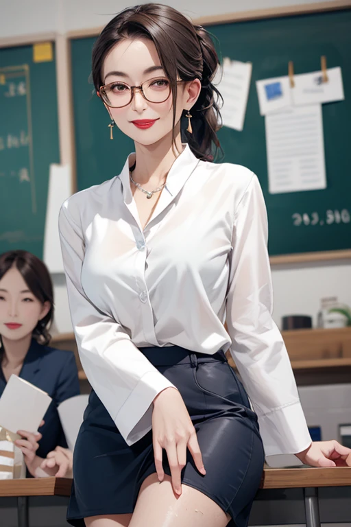 Highest quality, 8k, High resolution, Very detailed, Realistic:1.37, anti-gravity environment, Beautiful Japanese Woman, Mature Woman, Lady, Elderly woman, 55-year-old married woman, (Small breasts), Beautiful breasts, Soft Breasts, Sexy Breasts, Sweaty skin, (Full body emphasis), Fine lines, Beautiful Lips, Sparkling eyes, Look straight ahead, A kind smile, Red lipstick, Pearl Earrings, Pearl Necklace, School classroom, Low Ponytail, Fox-shaped glasses, Wise Teacher, Dream Teacher, Obscene appearance, Glamour, Dress shirt, mini skirt