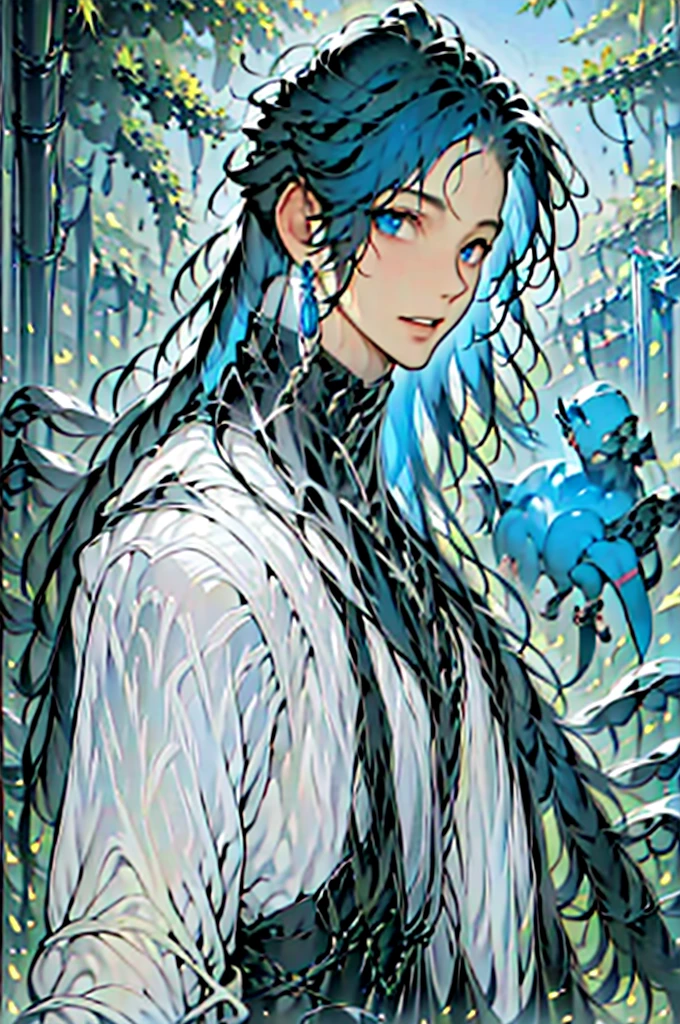 boy, blue-black hair, blue eyes, short hair